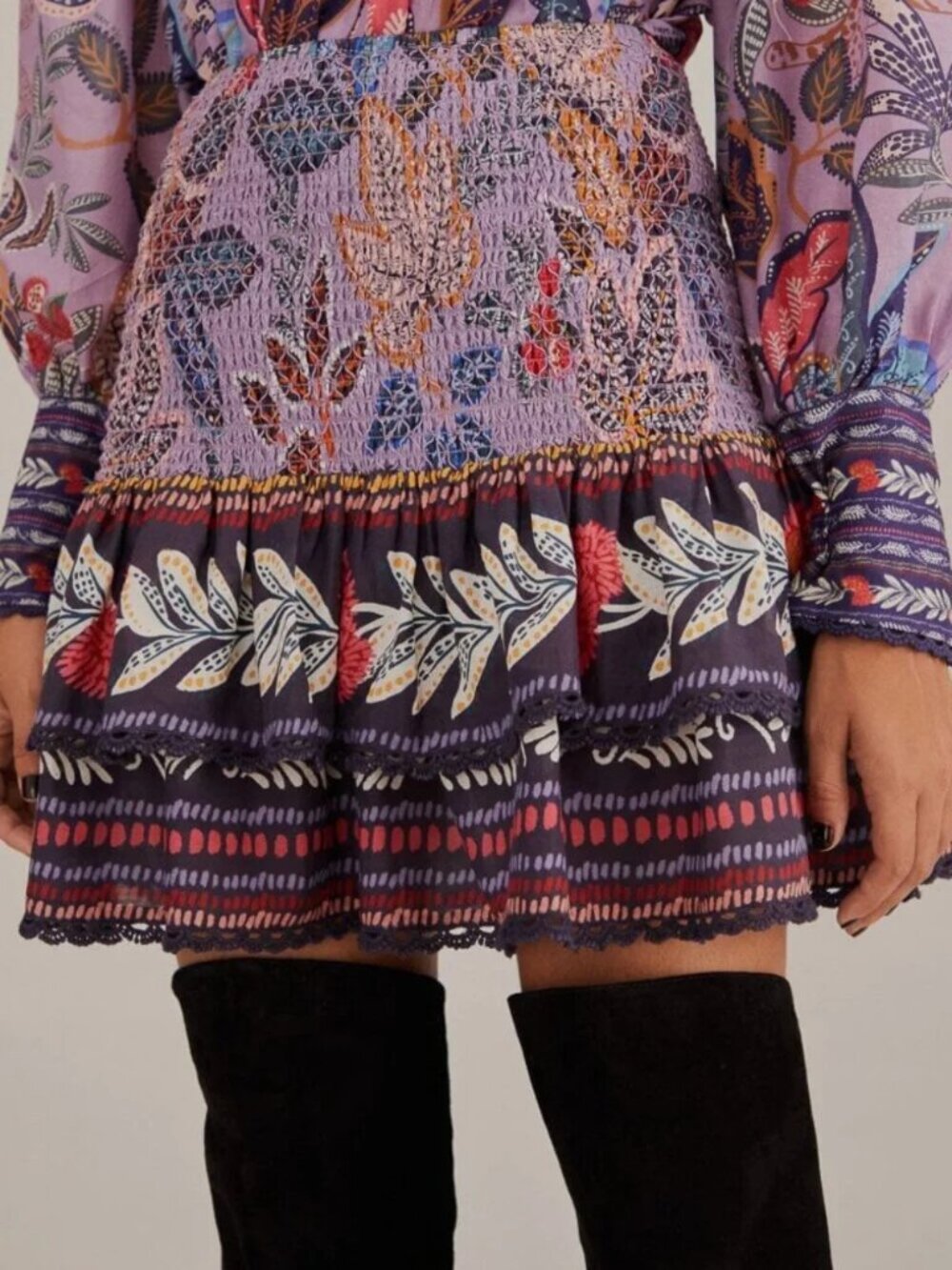 FARM RIO Wild Night Lavender Smocked Ruffled Floral Print Mini Skirt Sz L Boho - Picture 2 of 14